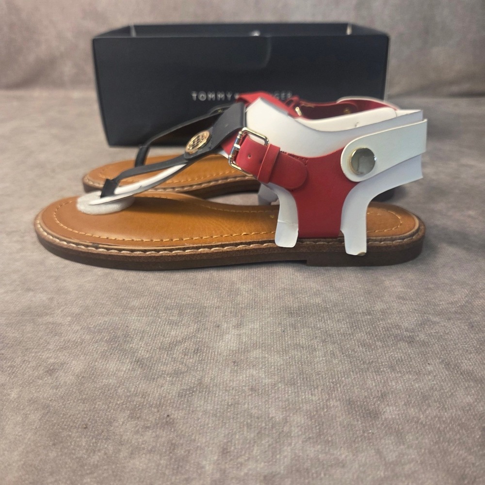Tommy Hilfiger Womens Red White Navy T-Strap Flat Sandals Gold TH Logo SZ 7.5